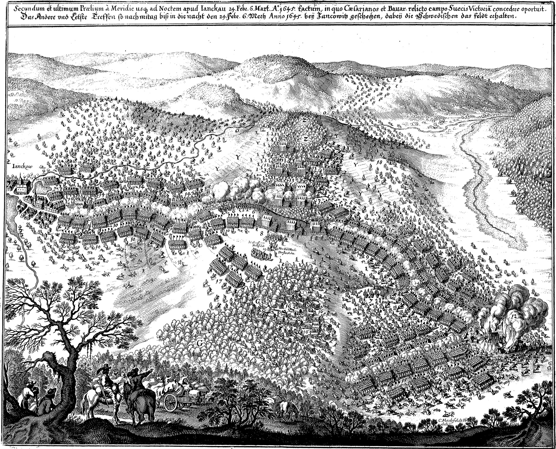 Torstensson defeated the Hapsburg Catholics at Jankau in Bohemia in 1645 by advancing his field artillery against the enemy as it fell back in the face of a powerful Swedish attack.