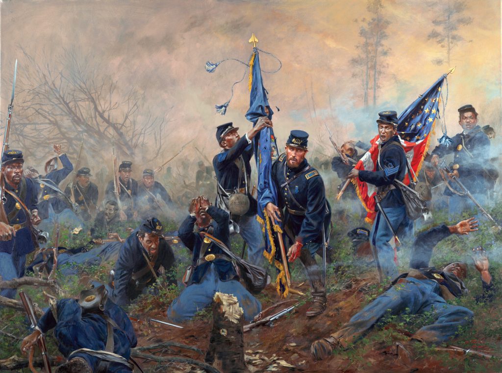 Lieutenant Nathan Huntley Edgerton, Sgt. Maj. Thomas R. Hawkins, and Sergeant Alexander Kelly of the 6th Regiment U.S. Colored Troops carry forward the regiment's colors as it presses its attack at Chaffin's Farm in a painting titled "Three Medals of Honor" by artist Don Troiani.  