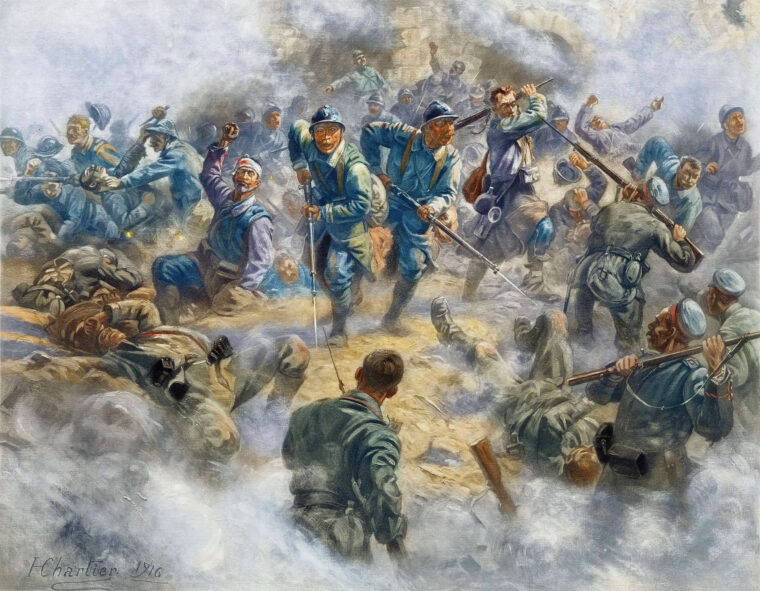 French soldiers launch a ferocious bayonets assault against German defenders inside Fort Douaumont in a successful counterattack against the strongpoint in October 1916.