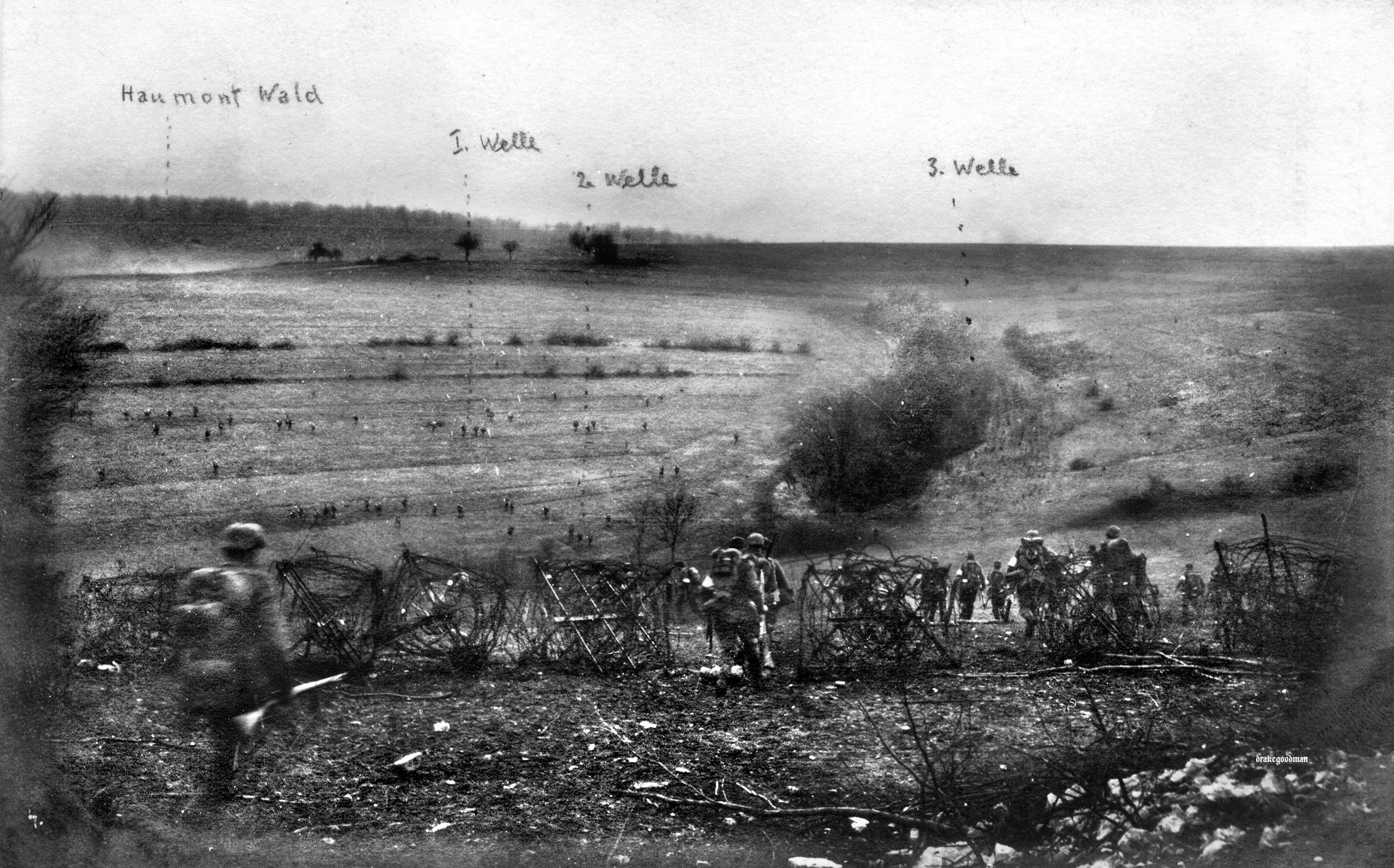 A German assault group advances into a shattered French trench. The Germans committed more than half of their heavy-caliber artillery on the Western Front to their opening bombardment.