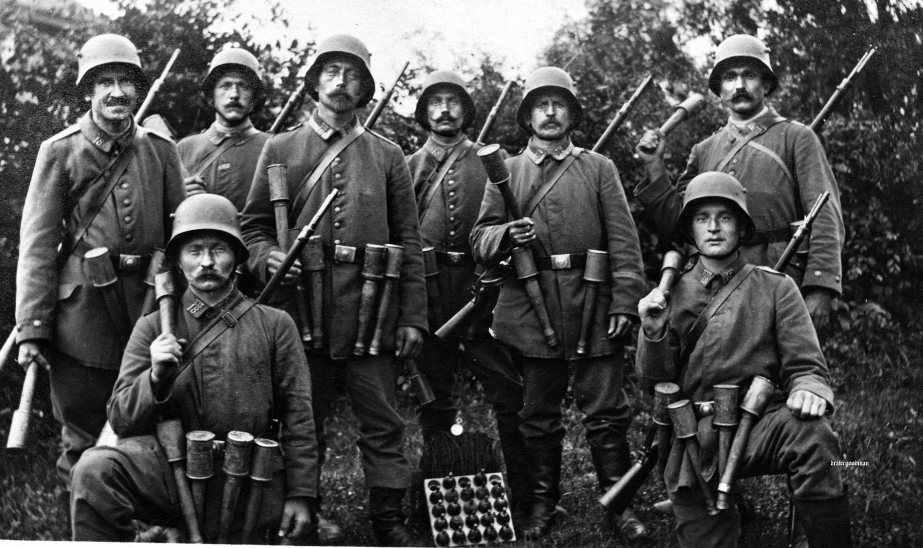 German stormtroopers at Verdun carried stick grenades and wore Stahlhelm steel helmets as they battled their French foes. The battle became even more ghastly in late June when the Germans resorted to firing phosgene gas shells on the French artillery positions.