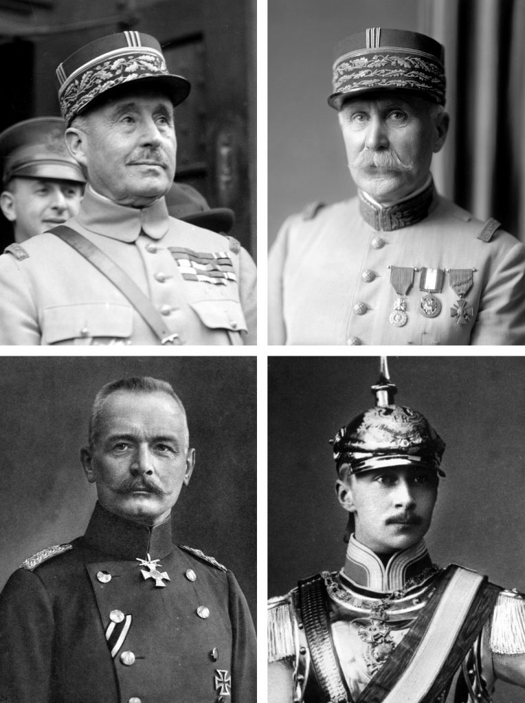 Clockwise from left are French General Robert Nivelle, General Henri Philippe Pétain, Crown Prince Wilhelm, and German Chief of the General Staff Erich von Falkenhayn.