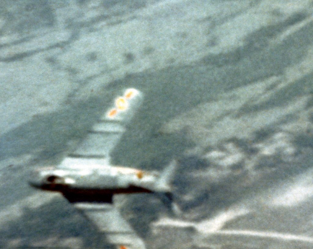 The gun camera on a U.S. aircraft shows a MiG-17 during an air battle.