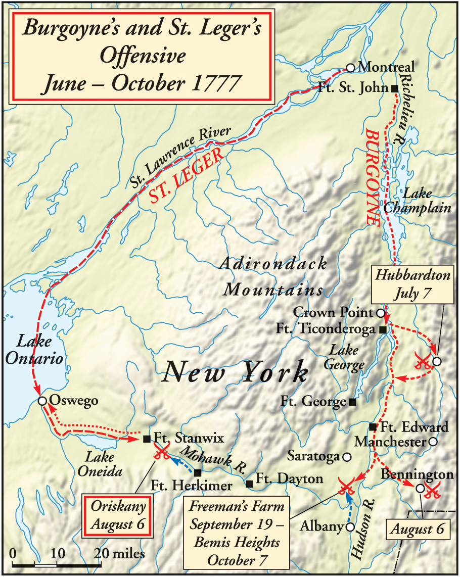 Patriot forces moved into blocking positions in upstate New York to prevent three British columns from converging on Albany. The campaign ended in October 1777 with surrender of the remnants of Maj. Gen. John Burgoyne's army at Saratoga. 