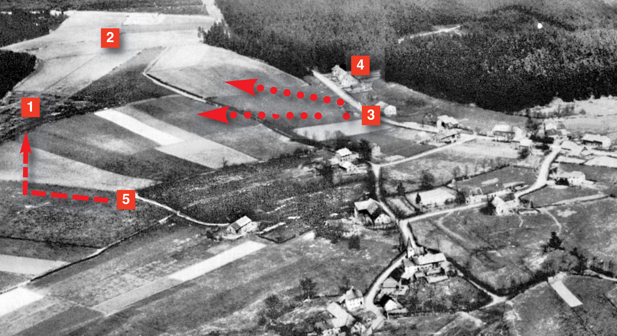 This aerial photo was taken after the battle for Lanzerath concluded. The American positions were located between numbers one and two, while number three indicates the direction of the initial German attacks in the area. Number four identifies the house from which the young Belgian girl emerged to talk with the Germans, and number five indicates the direction of the final German flanking attack against the Americans.
