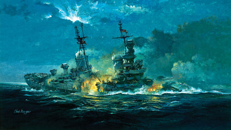 An artist’s depiction of the USS Indianapolis disaster. The cruiser, with nearly 1,200 men aboard, sank within 12 minutes of being torpedoed by the Japanese submarine I-58 on July 30, 1945; only 316 men survived after several days in the shark-infested waters. (Painting by maritime artist Chris Mayger)