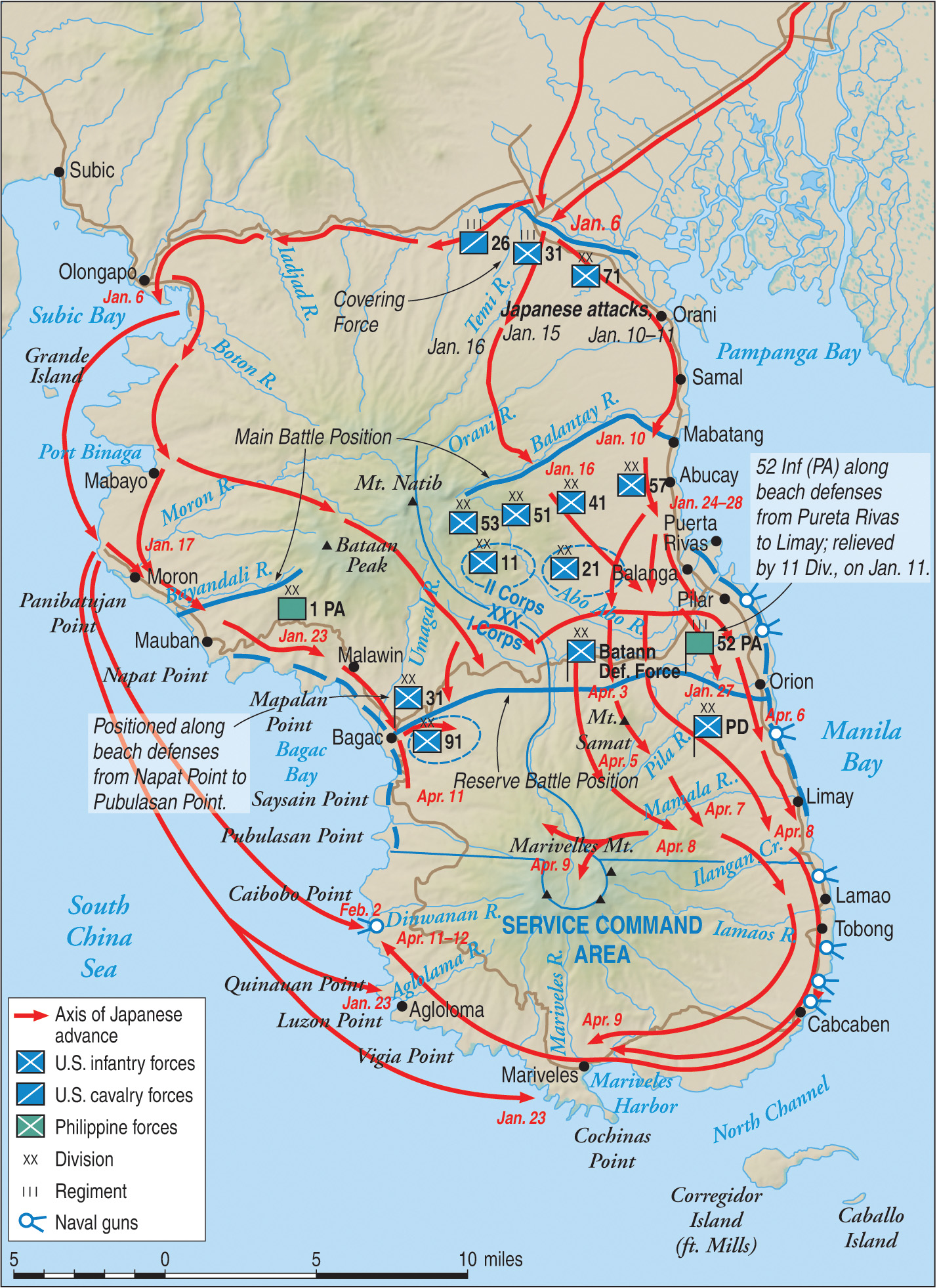 Rapid Japanese offensive movements forced the American and Filipino defenders of the Philippines into a shrinking pocket on the Bataan Peninsula and the small island of Corregidor in Manila Bay. The surrender to the Japanese in the spring of 1942 was followed by the horrendous Death March.