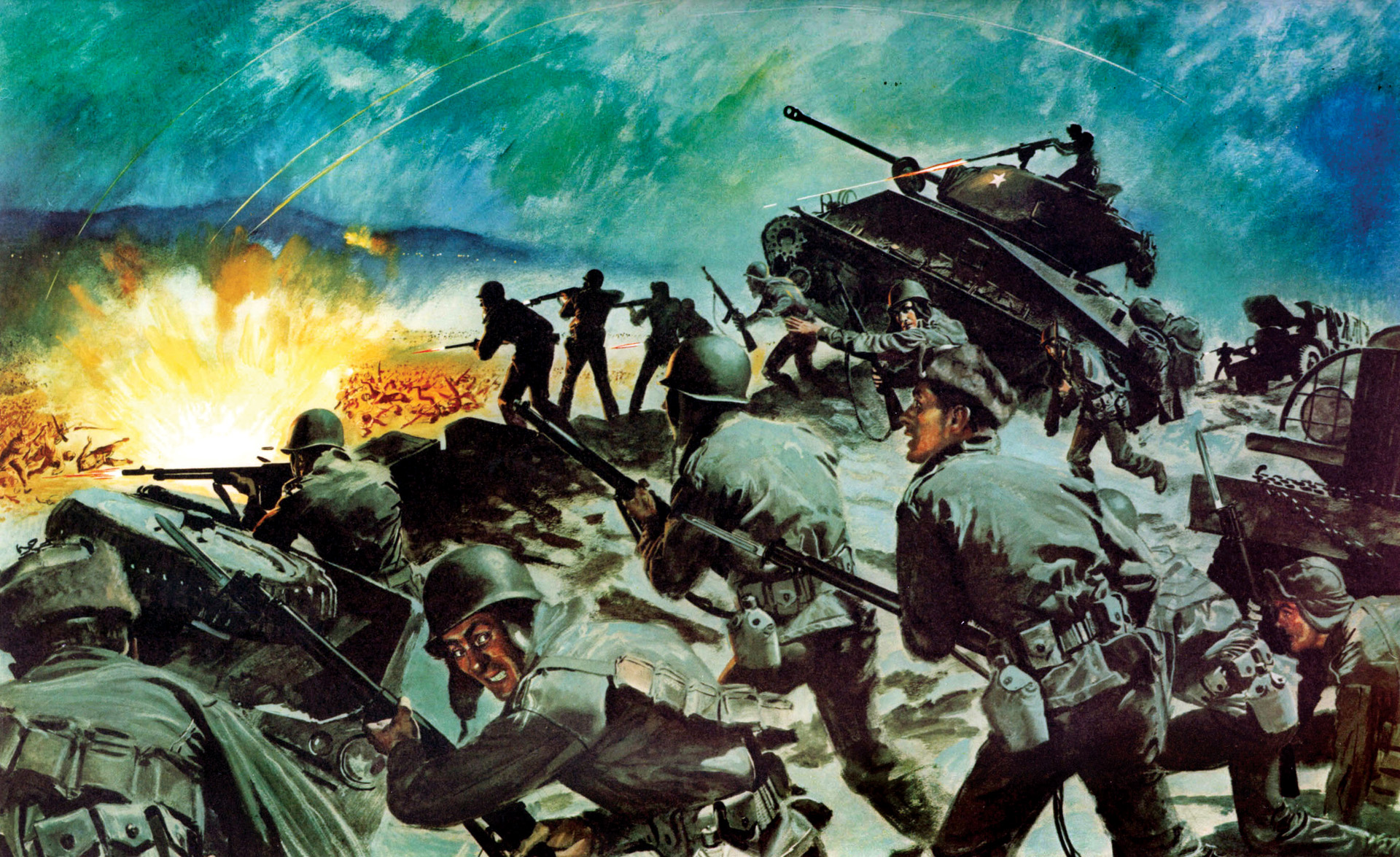 U.S. troops fire on Chinese during Battle of Chipyong-Ni, which marked the high tide of the Chinese counteroffensive in the Korean War. The Chinese attacked at night to take full advantage of their superb infiltration tactics.