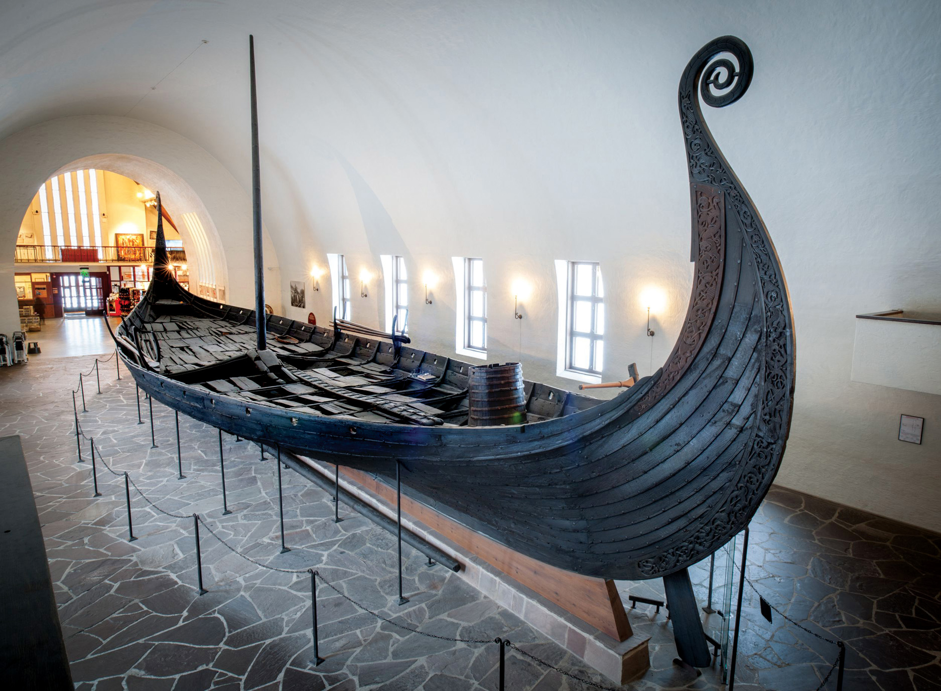 The 9th-century Oseberg ship in the Viking Ship Museum in Oslo was excavated in the early 20th century from a burial mound in southern Norway. The karve-style, clinker-built ship with its broad hull is made almost entirely from oak.