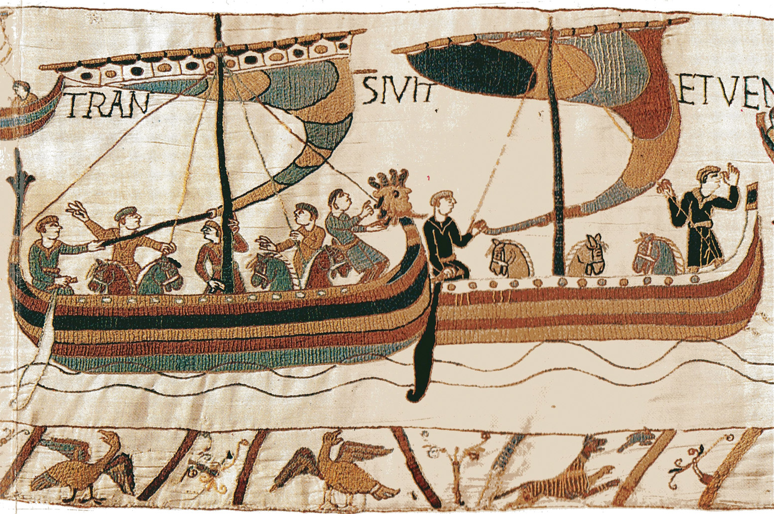 ABOVE:  The 11th Bayeux Tapestry depicts Duke William of Normandy's army crossing the English Channel in longships. 