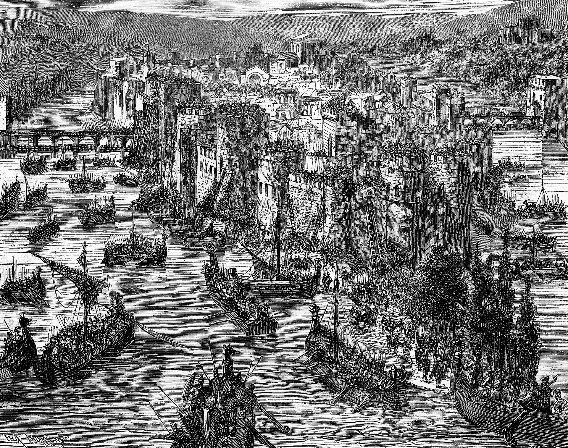The Vikings assembled 200 ships and 8,000 men besiege the fortified Île de la Cité during the siege of Paris in 885.