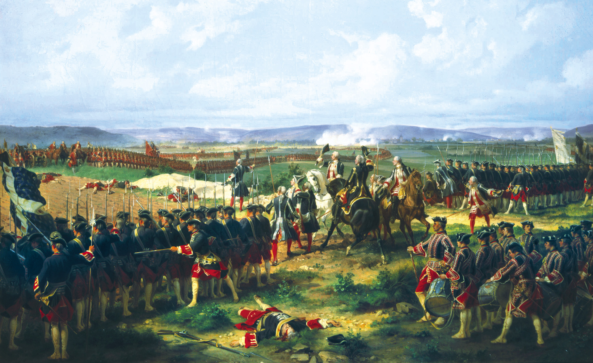 British Lord Charles Hay in the middle ground of the painting is said to have offered French Comte Joseph Charles Alexandre d’Anterroches the first volley, an offer that the Comte politely declined. Hay’s was confident his troops would respond with an even more devastating one.  
