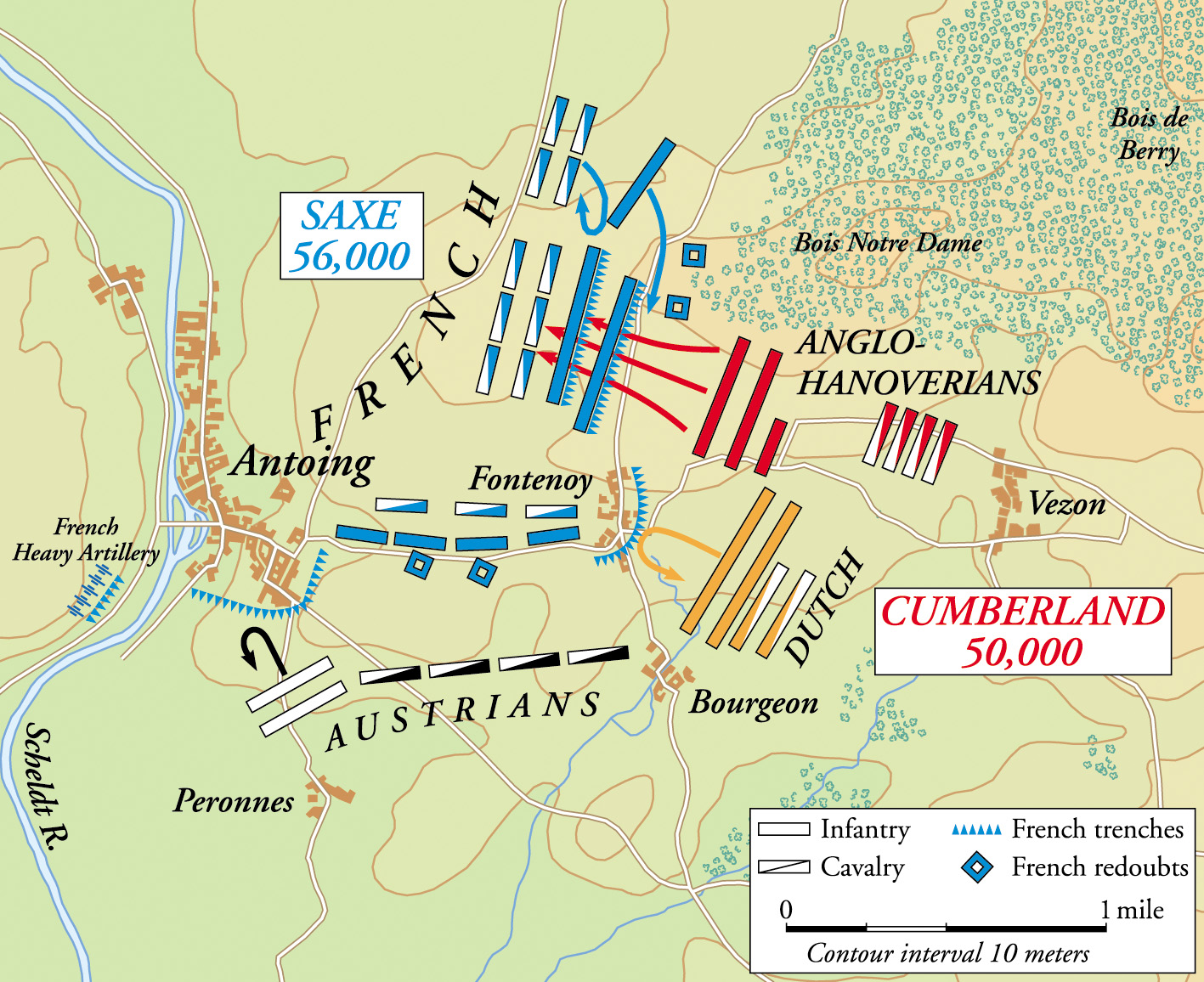 Saxe’s defensive position bristled with cannon and well-placed redoubts. Cumberland’s two columns of crack British and Hanoverian foot soldiers endangered the French left, but Saxe’s timely counterattacks saved the day. 