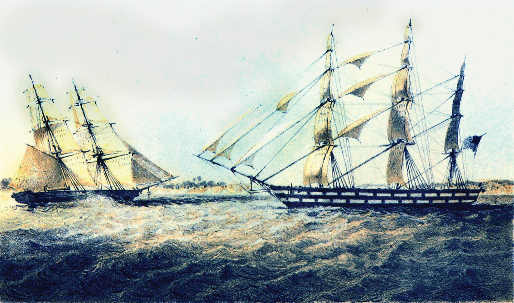 The sail-powered brig USS Perry (right) of the Africa Squadron seizes the slave ship Martha. By the 1850s, half of the ships in the squadron were modern steam-powered vessels.