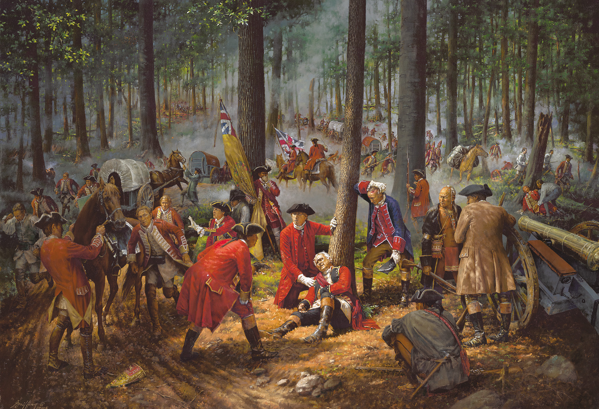Lieutenant Colonel George Washington kneels next to mortally wounded Maj. Gen. Edward Braddock during the height of the backwoods battle against the French and Indians in a painting by Robert Griffing. Although Braddock had posted flank guards, they were overwhelmed by the Indians.