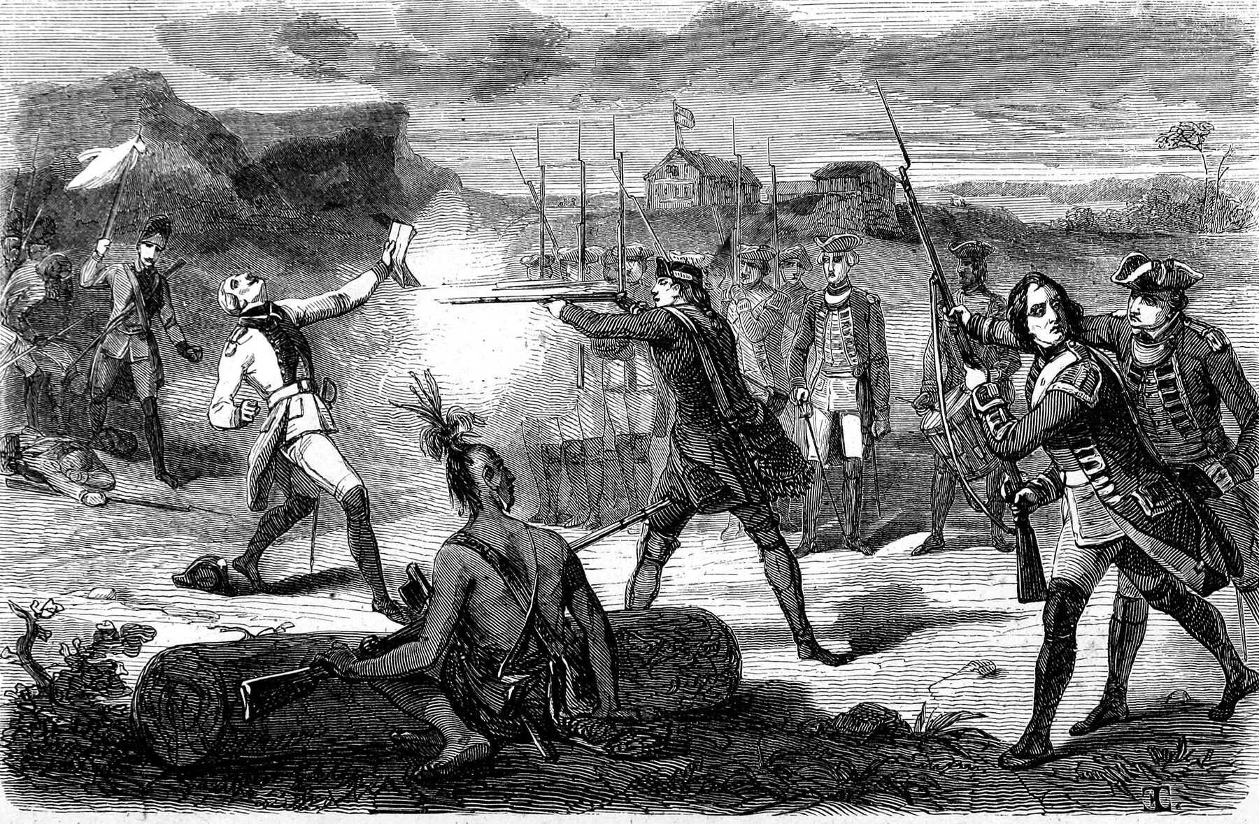 Soldiers of the Virginia Regiment ambushed a force of French and Indians from Fort Duquesne in a remote ravine in May 1754, escalating hostilities between the rival powers. Among the dead was the party’s commanding officer, Ensign Joseph Coloun de Villers de Jumonville, after whom the skirmish was named.