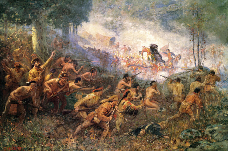Major General Edward Braddock is mortally wounded by a hail of fire from well-concealed enemy forces in a painting by American artist Edwin Willard Deming. Great Britain realized in the aftermath of the defeat that French forces in North America could not be quickly defeated.