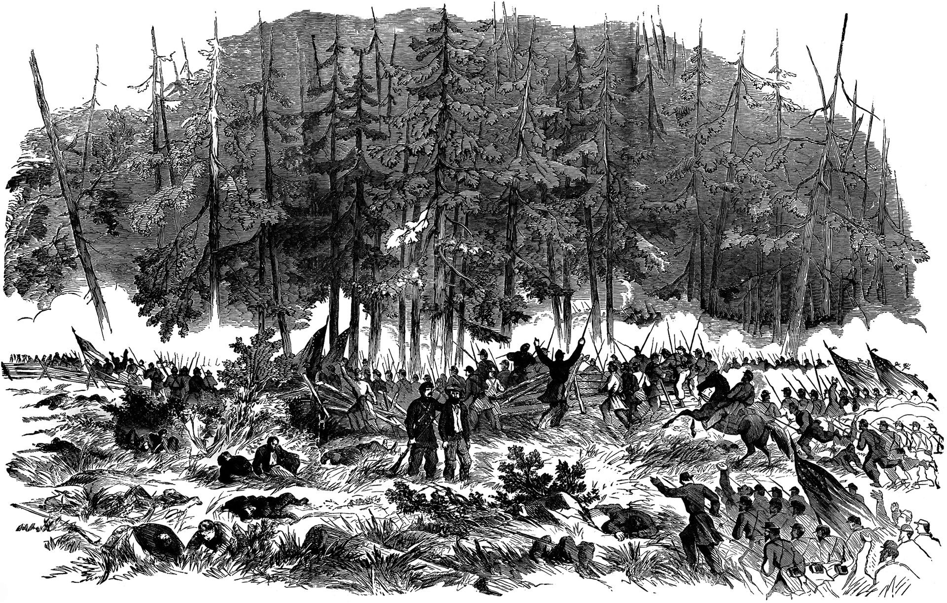 The soldiers of Crawford's brigade advanced stealthily through the woods against the Confederate line and then charged the enemy at the double-quick. As the Union troops exploited their success, some Confederate units took fire from three sides at once.
