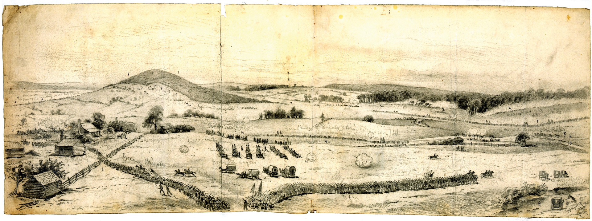 Brig. Gen. Alpheus S. Williams’ Federal division advances at the outset of the battle in war artist Edwin Forbes’ panorama of the battlefield. The Confederate battle line rested on the woods north of the Culpeper Road at top right.
