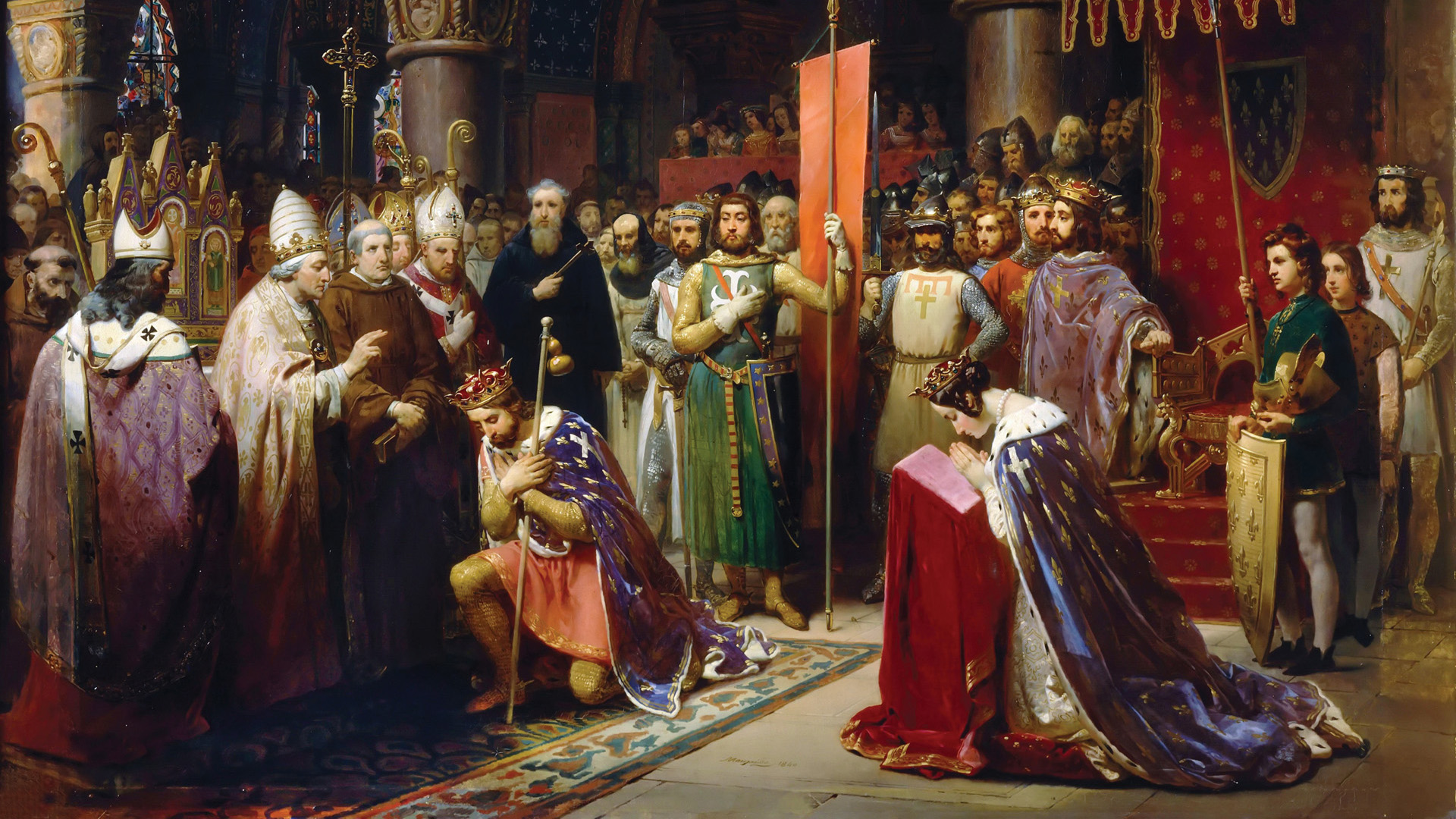 Pope Eugenius III presents his pilgrim staff to King Louis VII at the Church of St. Denis. A high-ranking knight holds the Oriflamme, which was the battle standard of French kings.