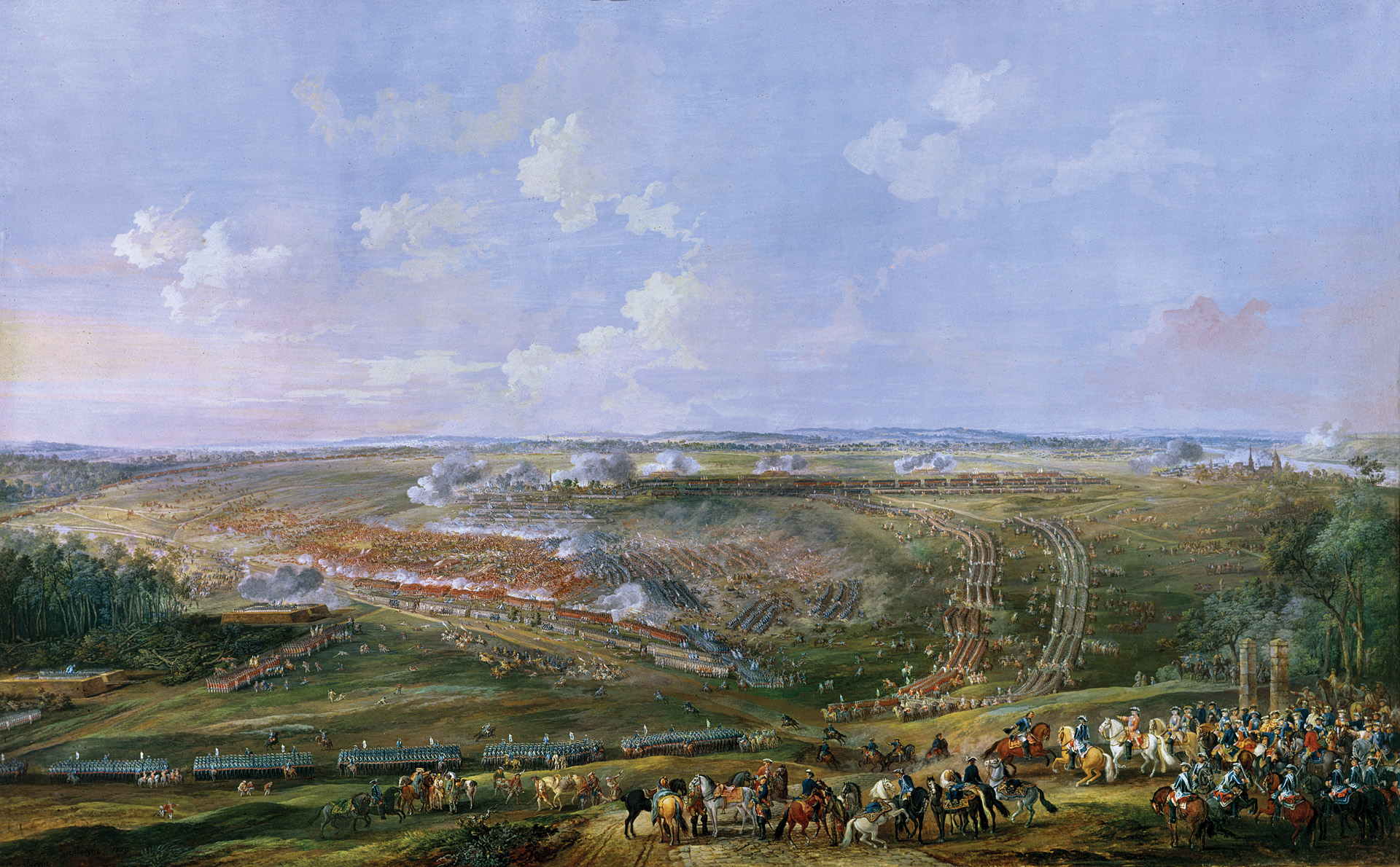 French King Louis XV and his staff observe the Pragmatic Army’s attack at bottom right in a contemporary panorama of the battle. The easy defeat of the Austrian and Dutch assaults allowed the French to shift forces against Cumberland’s better troops.