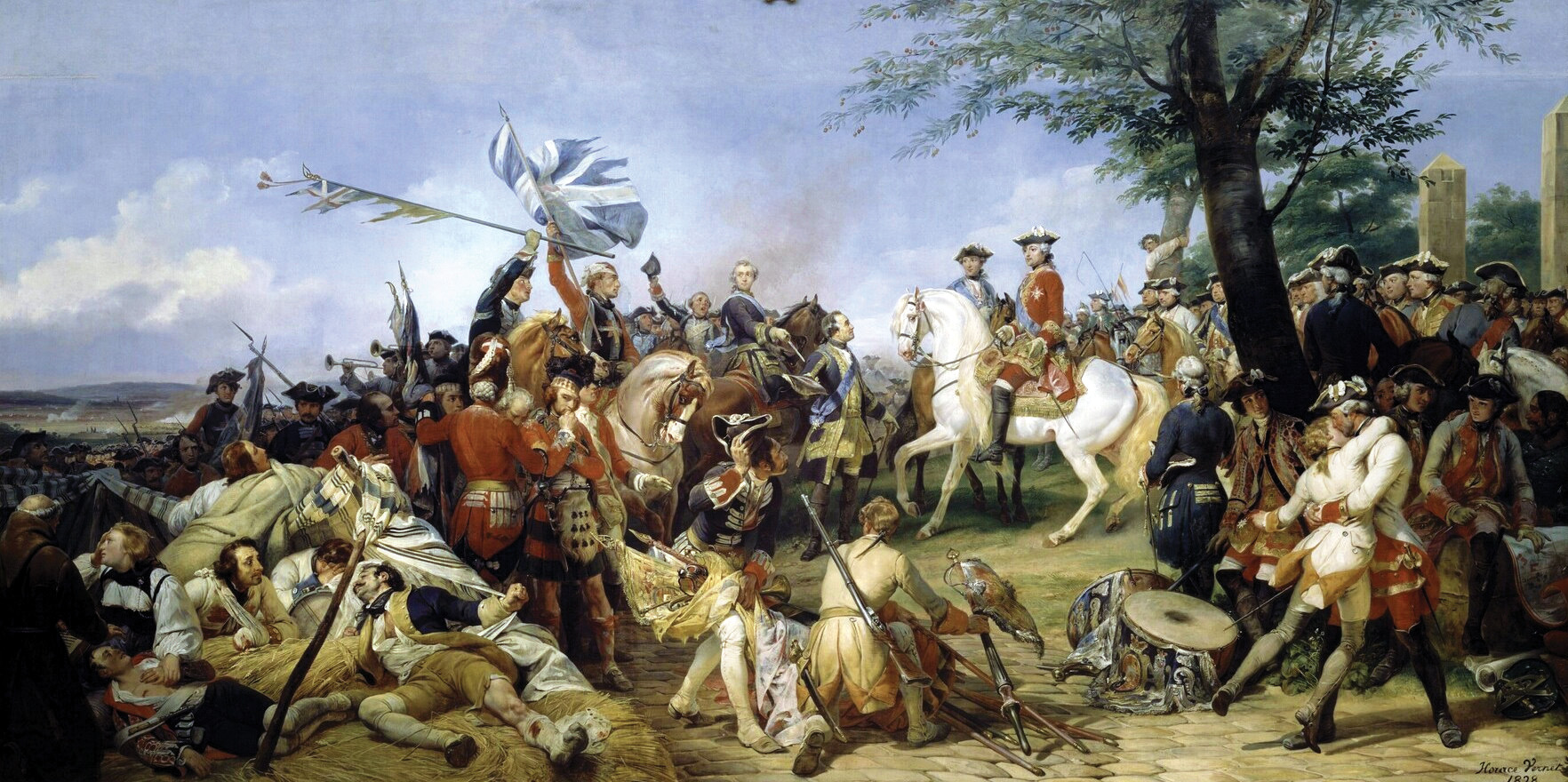 French King Louis XV sits astride his white horse and receives captured “colors” from the Comte de Saxe and the soldiers of the Brigade du Roi at the end of the hard-fought battle. To his credit, Cumberland carried out a fighting withdrawal in good order. 