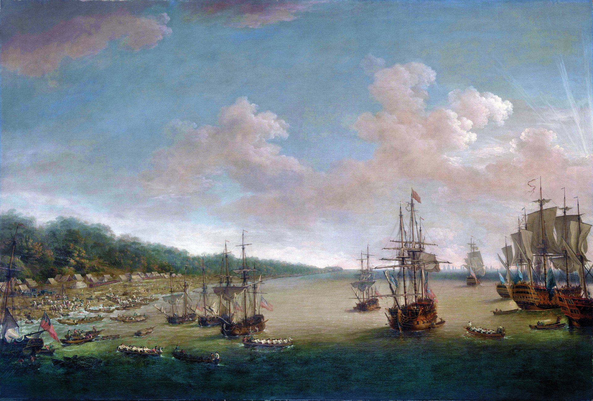 Flat-bottomed boats transfer troops and equipment from Vice Adm. Pocock's fleet (right) to the British encampment at Cojimar Bay (left) in preparation for the advance on Havana from the east. 