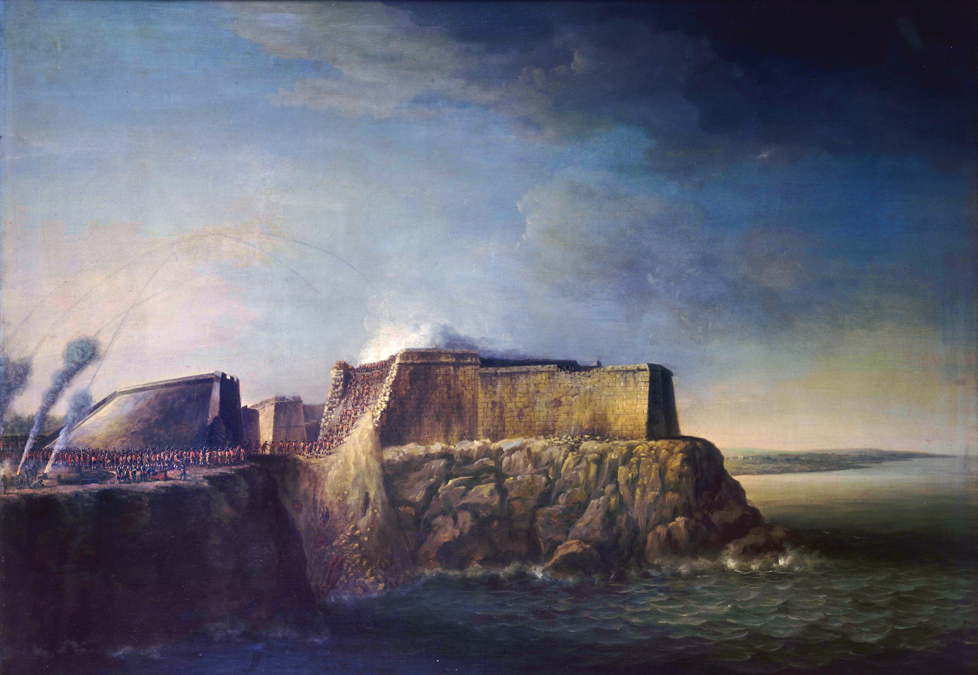 British redcoats storm the crumbling rampart of  El Morro Castle. The Royal Scots formed the forlorn hope and were followed by regulars carrying assault ladders, marksmen, sappers, and lastly the main assault force. 