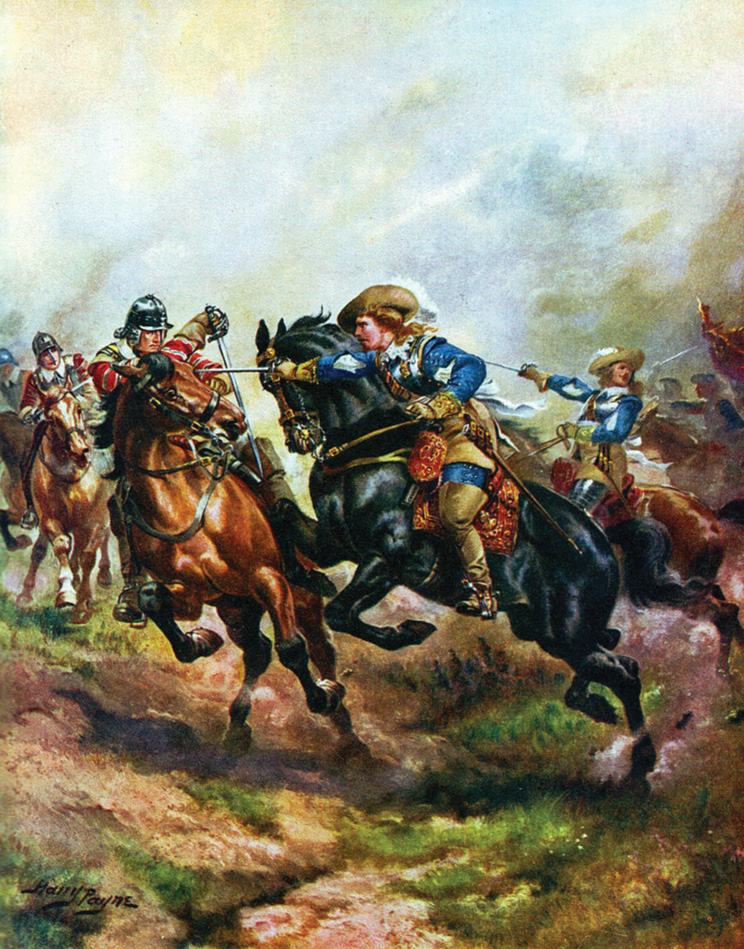 Prince Rupert leads a Royalist cavalry charge at Edgehill. 