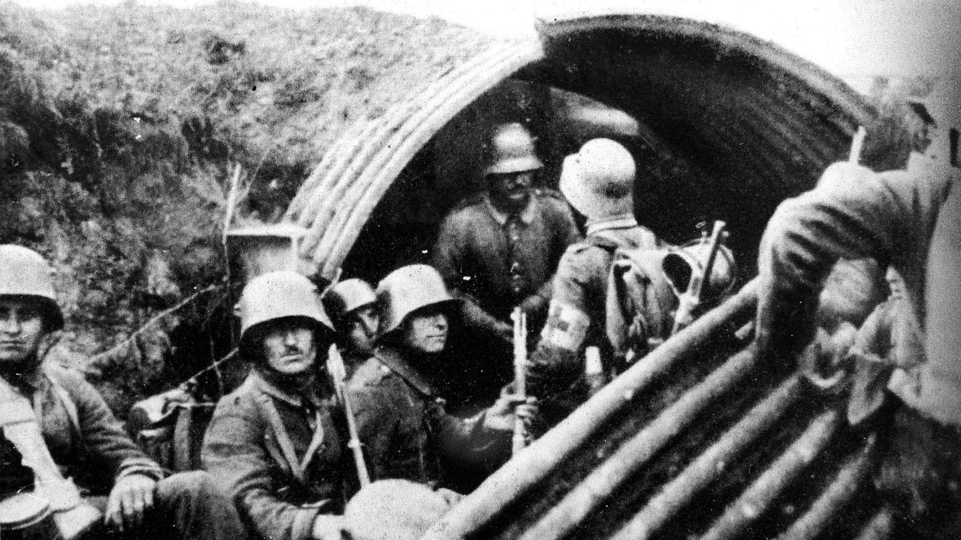 Soldiers of the German Fourth Army await the British attack. The Germans had multiple layers of trenches in the Ypres sector that were studded with concrete pillboxes and blockhouses. 