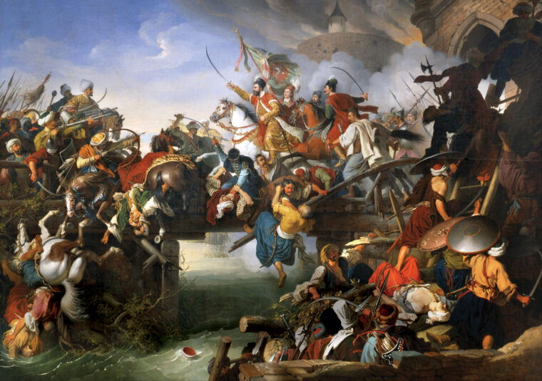 Croatian nobleman Nikola Zrinski leads a sortie against the Turks at the Hungarian fortress of Szigetvar in 1566. The bloody siege was Suleiman’s last battle.