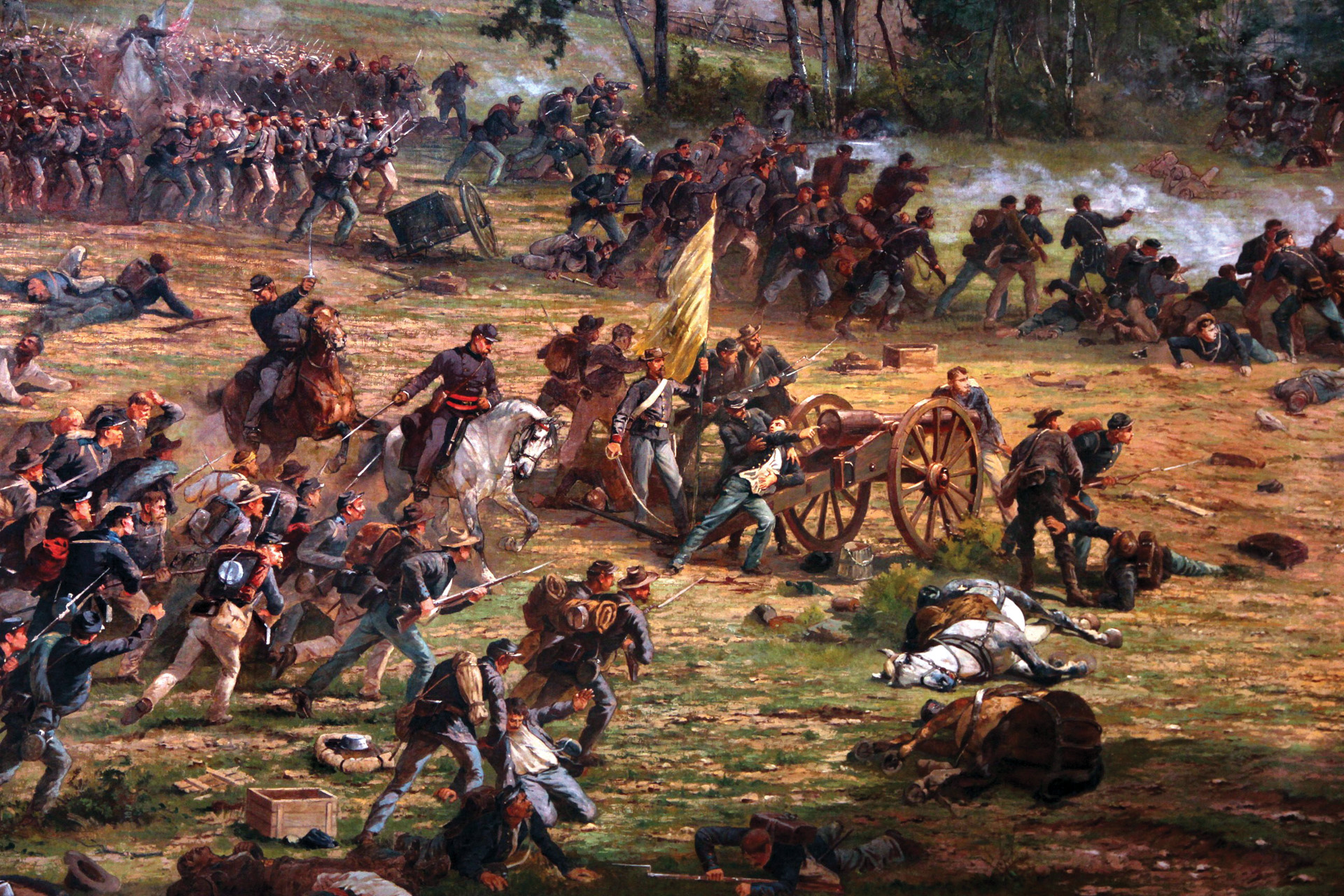 The Gettysburg cyclorama shows a badly wounded Alonzo Cushing commanding one of his guns in The Angle.
