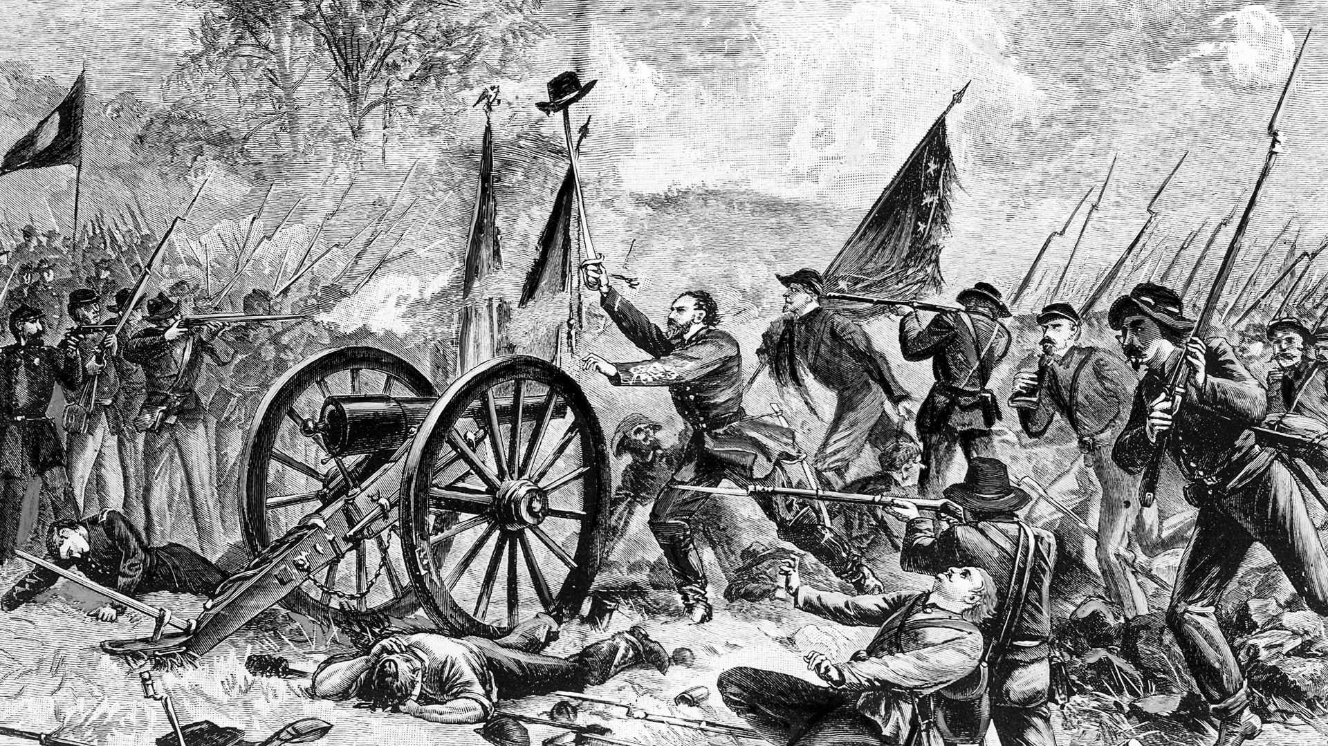 Confederate Brig. Gen. Lewis Armistead leads his Virginians in a charge that carried them past one of Cushing's guns in The Angle. 