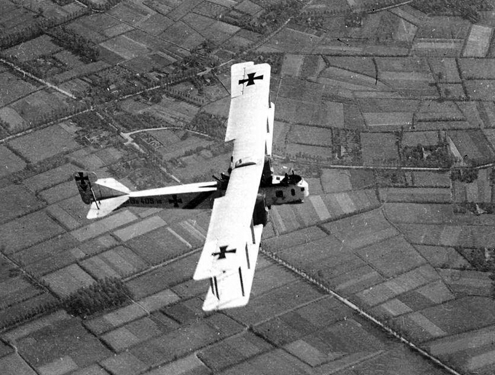 A Gotha G IV is shown in flight over Belgium. The scale of the German bombing campaign against Great Britain was limited, but it did succeed in tying up British fighter aircraft. 