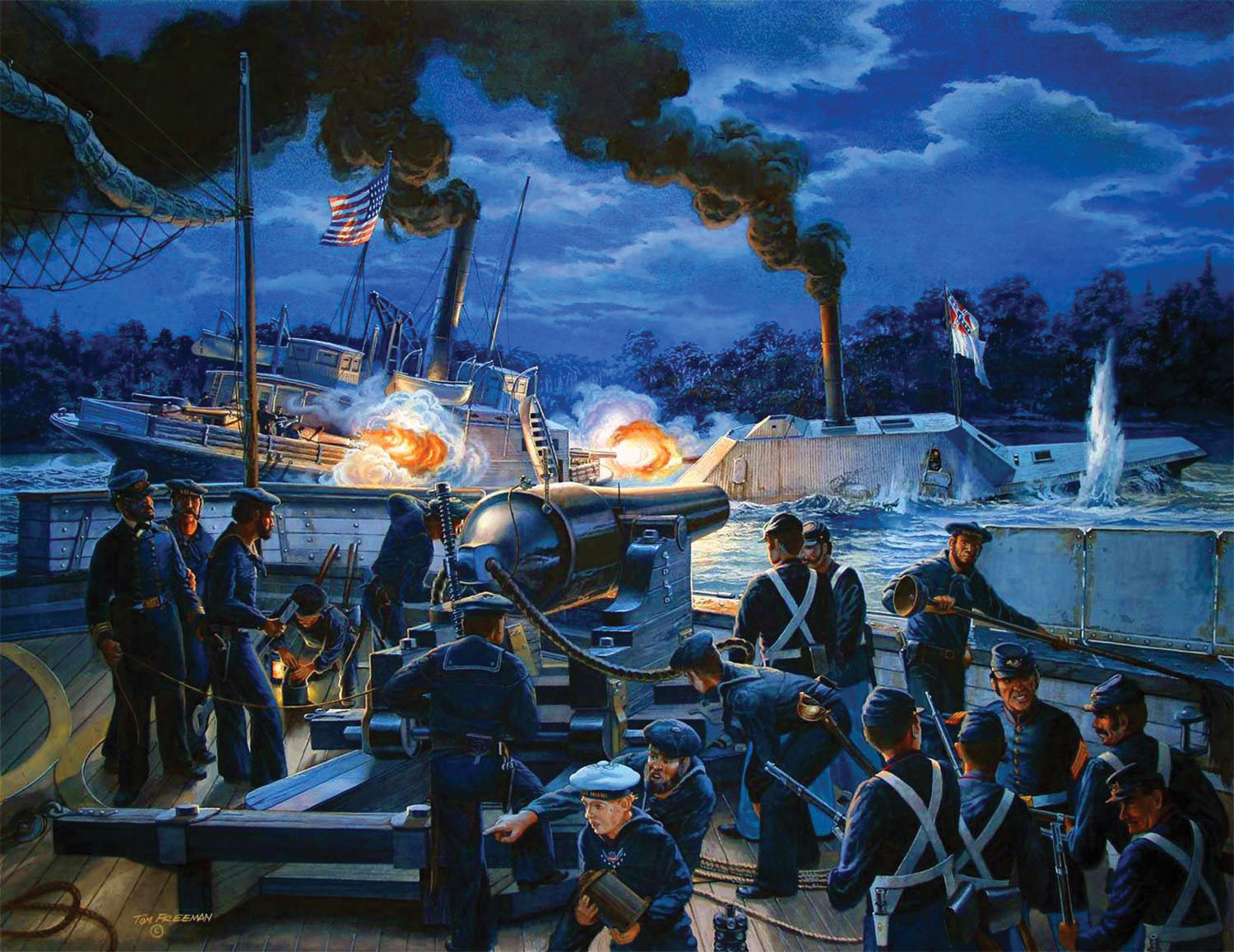 Sailors aboard the USS Miami watch as the Rebel ironclad CSS Albemarle attacks the USS Southfield in a painting by Tom Freeman.