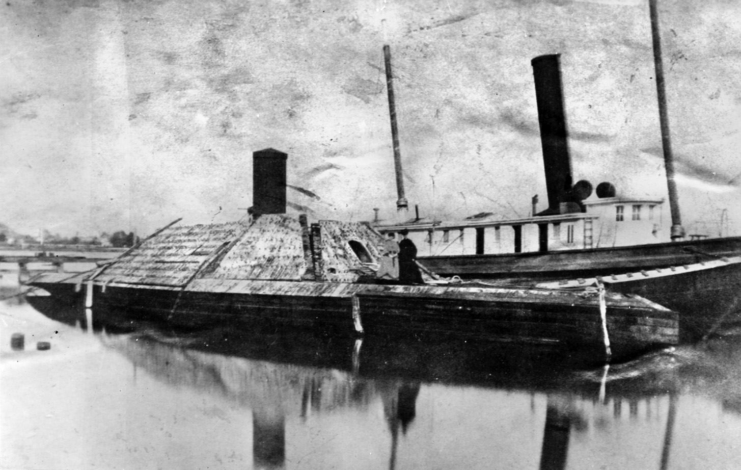The salvaged Albemarle at Norfolk Navy Yard in 1865. The gunboat, which featured an octagonal casemate covered in two layers of armor plate, was armed with two Brooke rifled guns and an 18-foot bow ram.