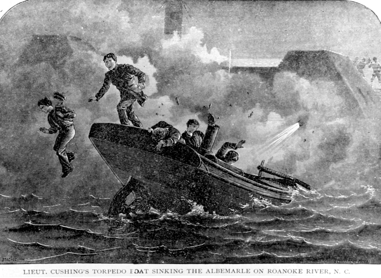 Lieutenant Cushing and his fellow raiders abandon their launch as their spar torpedo explodes against the unarmored wooden hull of the Albemarle.