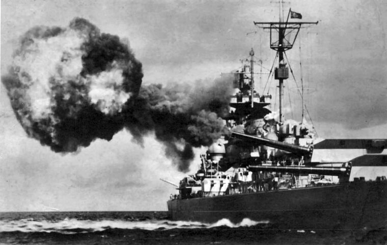 The Tirpitz fires her 15-inch main guns in the Baltic Sea in 1941. The British Royal Navy saw the huge battle-ship as a threat to merchant vessels and troop convoys bound for the British Isles.