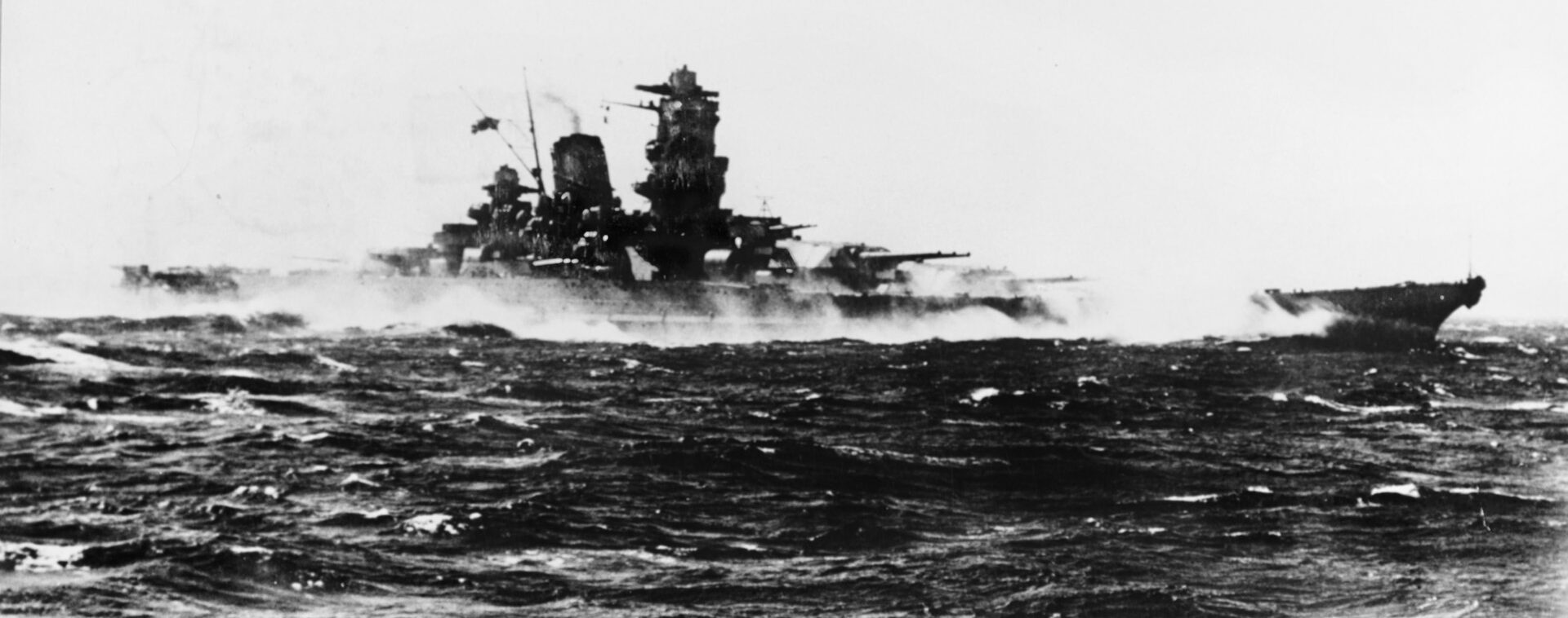 The Yamato engages in sea trials following its launch in December 1941. The Yamato and her sister ship, Musashi, had the distinction of being the heaviest and most powerfully armed battleships ever built.