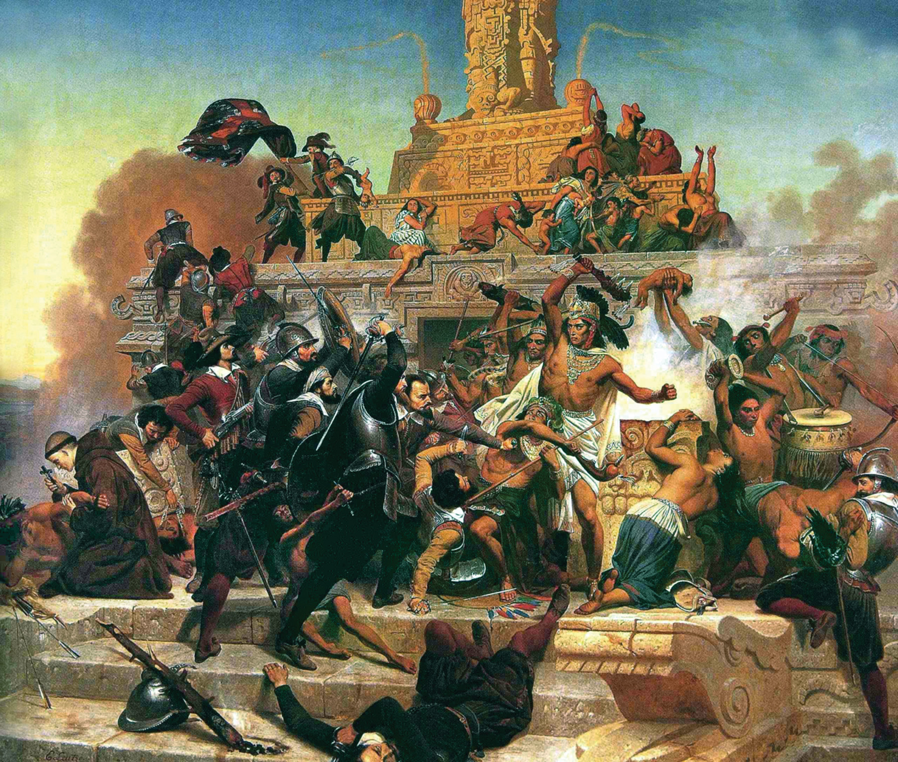 Aztec ruler Cuauthémoc fights heroically in a fanciful depiction of the final phase of the siege; in reality, the Spanish captured Cuauthémoc and his chief warriors as they tried to escape the city by canoe.