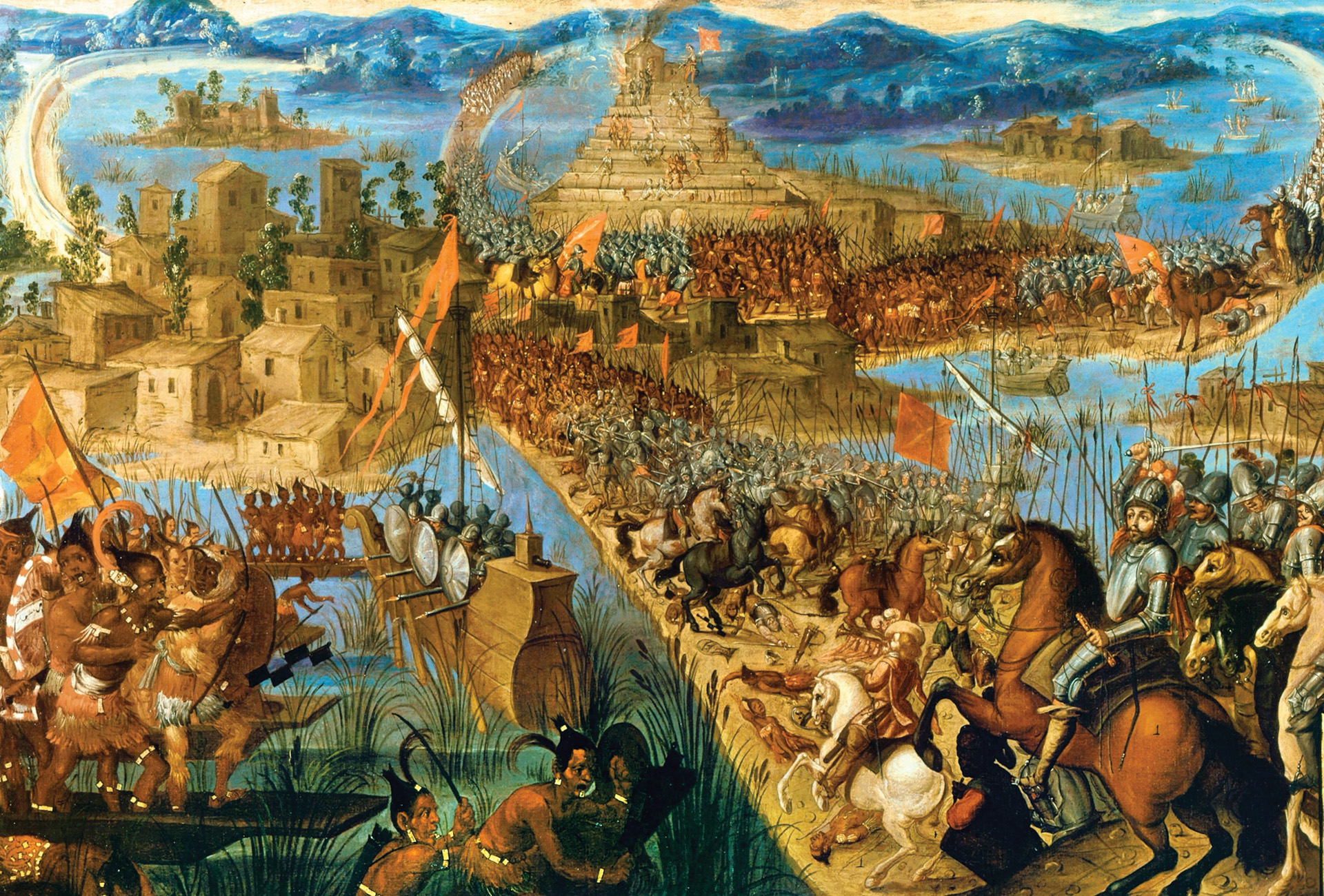 Cortes' army crosses a causeway to assault Tenochtitlan. Cortes enticed the Aztecs into making costly sorties by sending their tribal enemies against them while holding his Spanish troops in reserve.