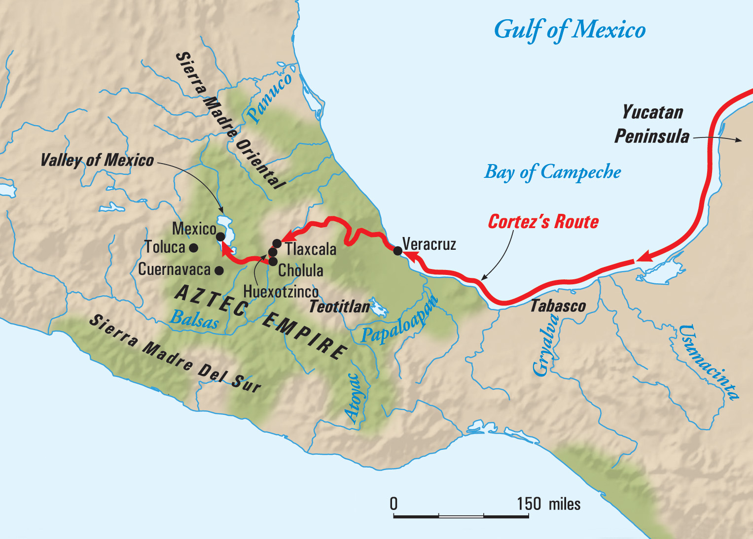 Cortes marched into the interior of Mexico in August 1519, trying on his long march to the Aztec capital of Tenochtitlan to use military force against the tribes he encountered only when necessary. 