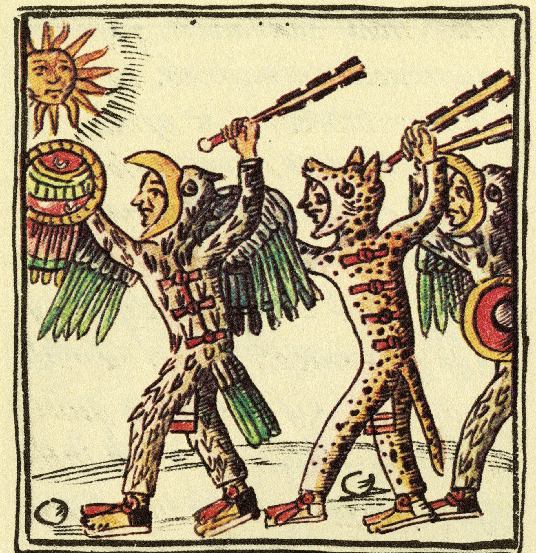 Aztec warriors in eagle and jaguar costumes brandish wooden clubs with sharp obsidian blades known as macuahuiti. 