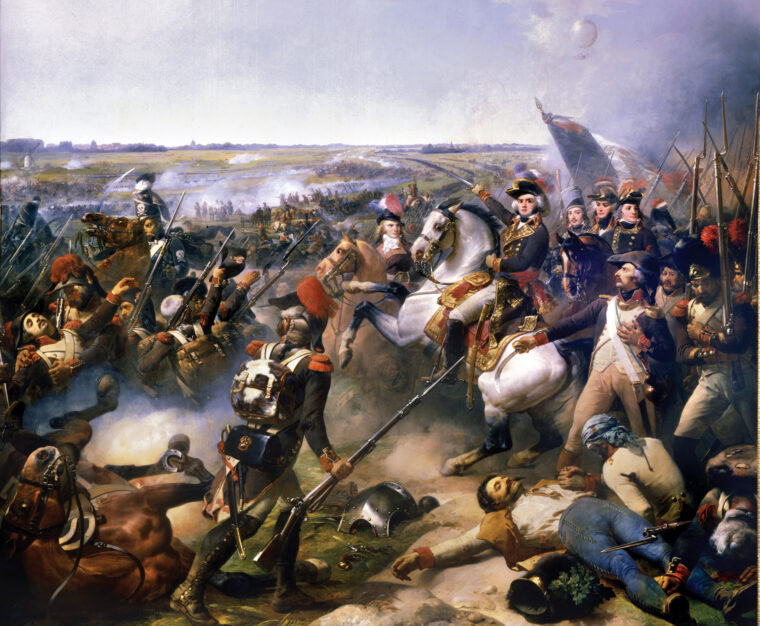 Jean Baptiste Jourdan astride a white horse launches his reserves in a decisive counterattack against the Allied center at Fleurus.