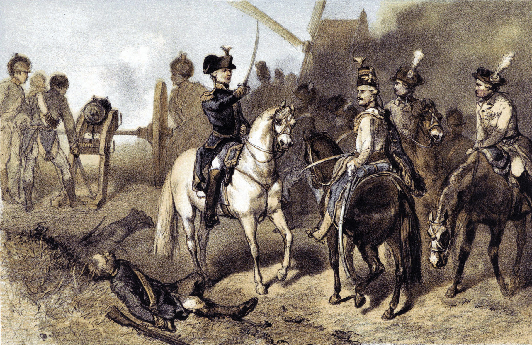 Prince William V of Orange, the Stadholder of the Dutch Republic, is shown with his staff on the grounds of a windmill at Fleurus. His troops were outmatched by the French at Fleurus. 