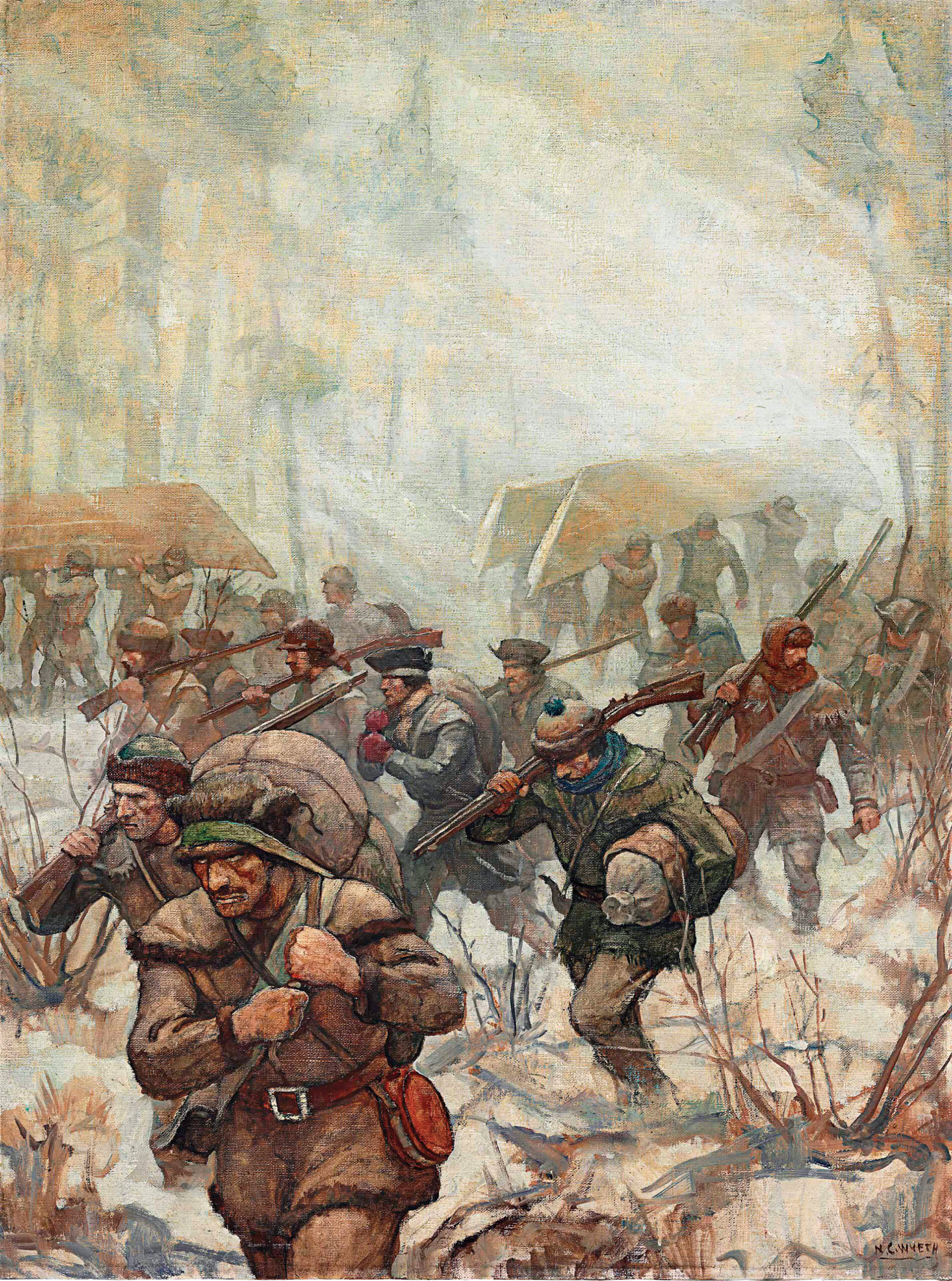 Patriots garbed in hunting shirts and portaging heavy bateaux struggle through the snow-covered wilderness of Northern Maine on their way to besiege Quebec. 