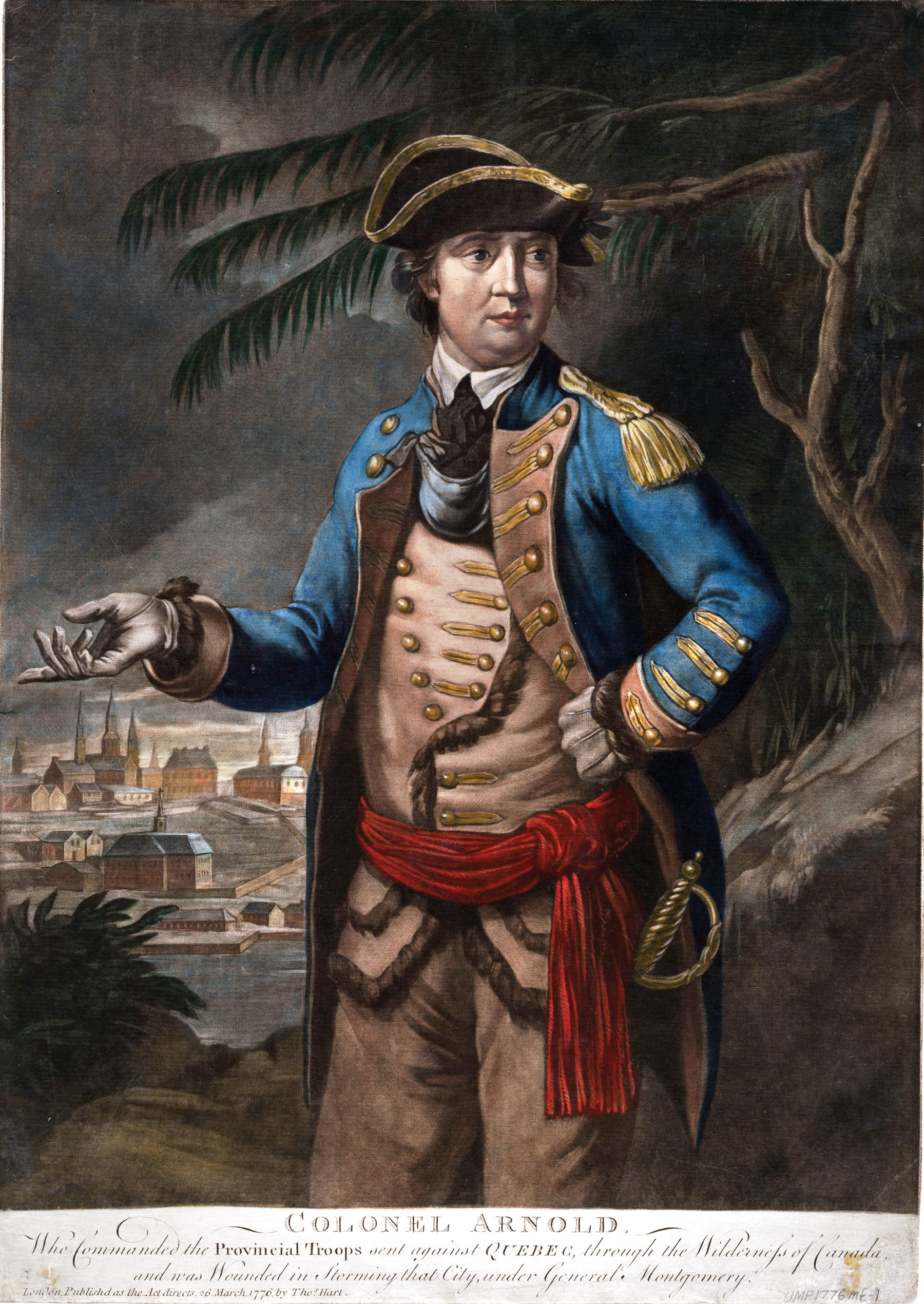 Colonel Benedict Arnold, depicted in a picture published in 1776, underestimated the difficulties his men would encounter, as well as the length of the wilderness trek.