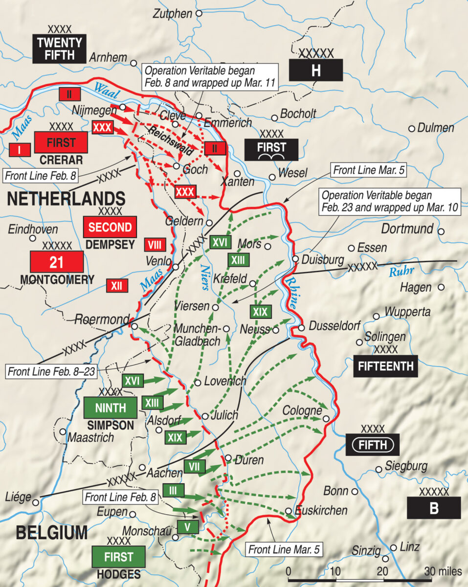 The combined Allied offenses, Operations Veritable (British-Canadian) and Grenade (U.S.), plunged into the border area between Arnhem and Nijmegen in the north and Cologne and Bonn in the south. The many rivers in the area made progress difficult.