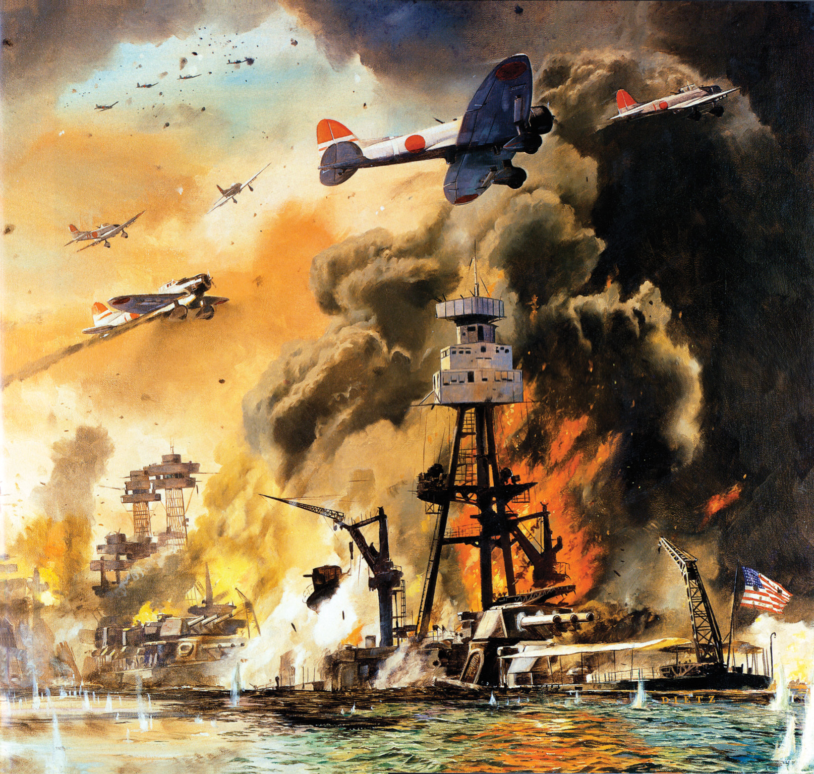 In this painting by James Dietz, Japanese planes wreak havoc on Battleship Row at Pearl Harbor on December 7, 1941. 