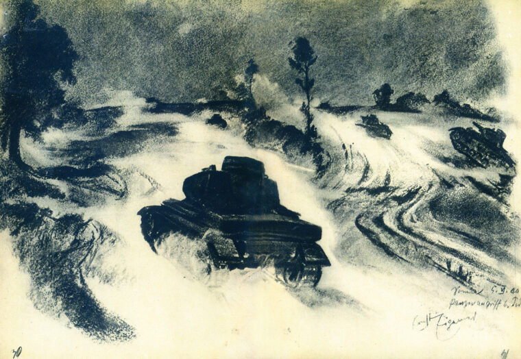 Using black ink and crayon, Eigener drew German tanks advancing across a stark landscape during a Wehrmacht advance. He titled this sketch “Panzer Angriff,” or “Tank Attack.”
